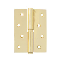 Mortise door hinge in classic gold color, removable with eight self-tapping screws on a white...
