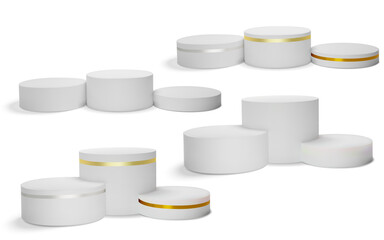 Set of realistic white podium, pedestal. Vector illustration