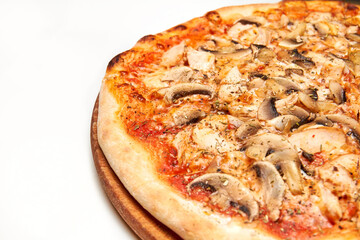 Fresh pizza with bacon, mushrooms and cheese on a light background. Close-up, selective focus
