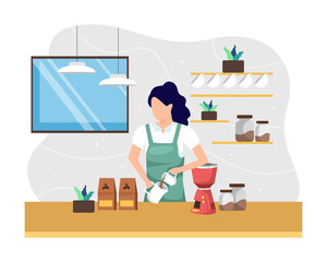 Female barista making coffee. Female worker working as barista coffee shop. Manual brew coffee, Young women as barista pouring and processing coffee preparations. Vector illustration in a flat style