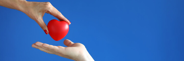 Female hand give red heart to male hand on blue background close-up. Professional diagnosis and...