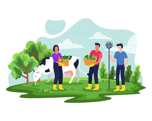 Farmer working on garden. People enjoy gardening and planting illustration, Harvesting people on field and in garden. Farmers or agricultural worker planting crops. Vector illustration in a flat style