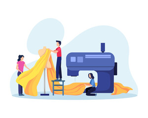 Fashion designer vector illustration. Sewing clothes textile factory, Cloth manufacturing worker. Seamstress working with thread machine in handmade fashion atelier. Vector illustration in flat style