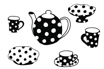 Doodle tea set. Tea vector  illustration drinking set  isolated on white background.