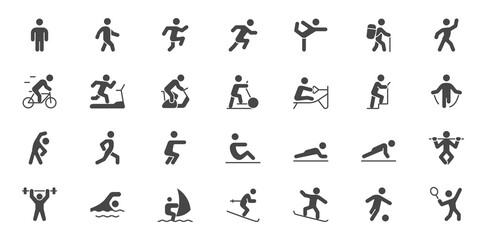 Sport people simple flat glyph icons. Vector illustration with m - obrazy, fototapety, plakaty