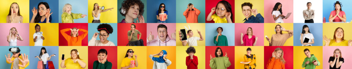 Collage of faces of 28 emotional people on multicolored backgrounds. Expressive models, multiethnic...