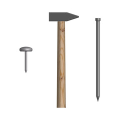 Hammer and nails front view, vector illustration.