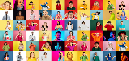 Obraz na płótnie Canvas Collage of faces of 37 emotional people on multicolored backgrounds. Expressive models, multiethnic group. Human emotions, facial expression concept. Astonished, winner, shouting, successful, movie
