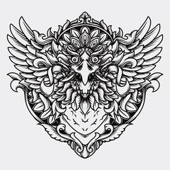 tattoo and t-shirt design black and white hand drawn illustration garuda barong engraving ornament