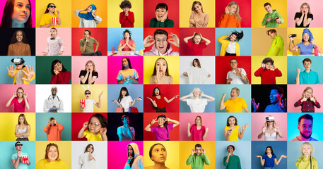 Obraz na płótnie Canvas Collage of faces of 40 emotional people on multicolored backgrounds. Expressive male and female models, multiethnic group. Human emotions, facial expression concept. Music, videogames, online.