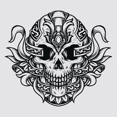 tattoo and t-shirt design black and white hand drawn illustration skull engraving ornament
