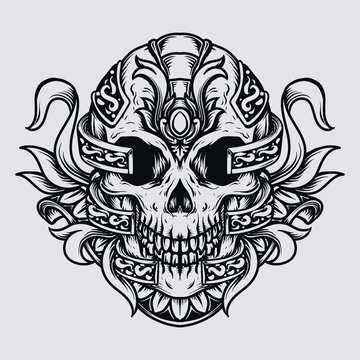 tattoo and t-shirt design black and white hand drawn illustration skull engraving ornament