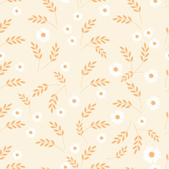 Seamless pattern with daisy flower and leaves on yellow background vector illustration.