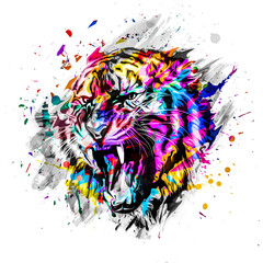 tiger head with creative abstract elements on colorful background