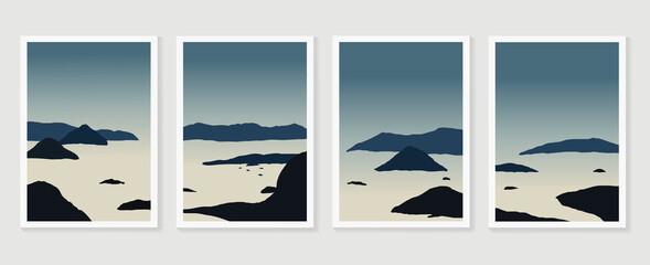 Gold mountain background vector. Mid century landscape art with sun and moon, Sea and Ocean. Modern contemporary art design for acrylic canvas , digital Prints, wallpaper, Poster, metal poster prints