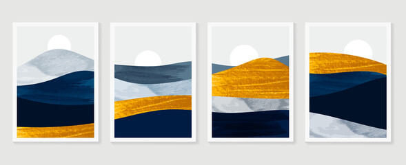 Gold mountain background vector. Mid century landscape art with sun and moon, Sea and Ocean. Modern contemporary art design for acrylic canvas , digital Prints, wallpaper, Poster, metal poster prints