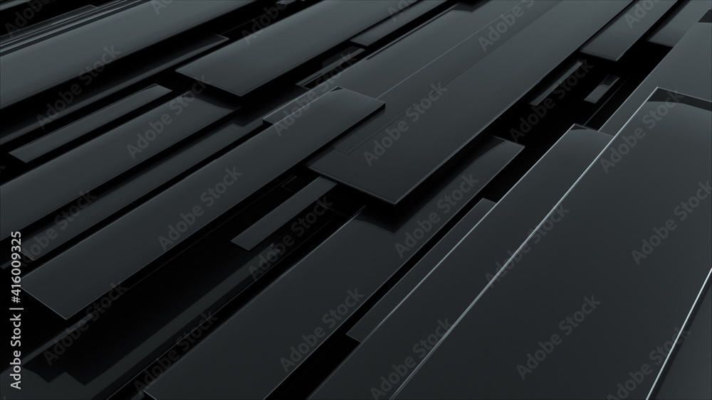 Aufkleber 3d rendering of black glossy rectangular panels at different levels. computer generated abstract geo