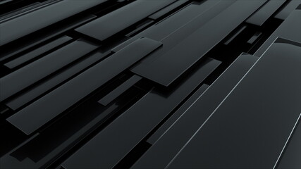 3d rendering of black glossy rectangular panels at different levels. Computer generated abstract geometric backdrop.