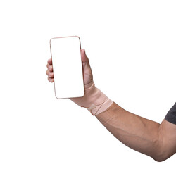 Man hand wrapping elastic bandage holding smartphone isolated on white background. clipping path