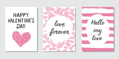 Set of 3 Valentines day cards. Trendy prints in pink colors with hand drawn phrases. Lettering compositions. Greeting postcards in simple style. Romantic doodle illustration. Seasonal design, poster