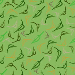 Trendy green and brown leaves on a green background. Abstract spring botanical pattern. Colorful pastel ornament. For textile, fabric, wallpaper and background. Vector.