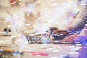 Double exposure of woman hands working on computer and data theme hologram drawing. Tech concept.