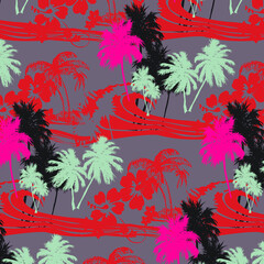 Beach vector seamless pattern. Tropical leaves. Jungle foliage illustration. Exotic plants. Summer beach floral design.