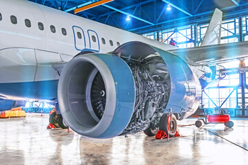 Elimination of malfunctions in the aircraft engine in the aircraft hangar, mechanical repair, check...