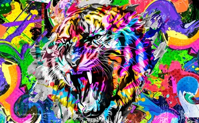 Foto op Plexiglas tijgerkop met creatieve abstracte elementen op kleurrijke achtergrond © reznik_val