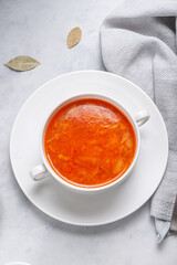 Traditional ukrainian russian soup (borscht) with bread and sour cream