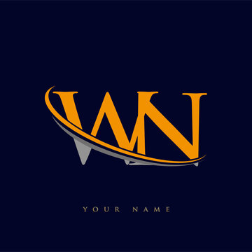 Initial Letter WN Logotype Company Name Yellow And Grey Swoosh Design. Isolated On Dark Background.