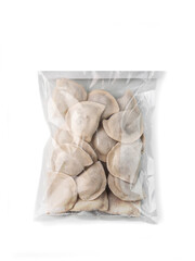 frozen uncooked pelmeni, vareniki (dumplings) top view in a bag (packaging) from recycled plastic...