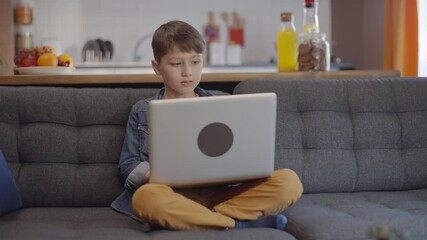 Smart little boy sitting on the sofa alone at home, using a laptop.Happy little boy using technology playing games on laptop. Technology addiction concept in children. - Powered by Adobe