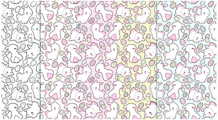 Set of Easter seamless backgrounds. White rabbits and Easter eggs. Pastel colors. Beautiful festive pattern. 