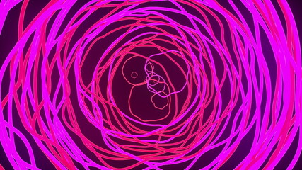 Many thin wavy neon rings, computer generated. 3d rendering glowing backdrop