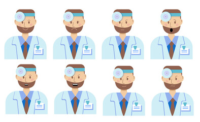 An optometrist. Emotions of a young ophthalmologist. Isolated on a white background. Vector illustration in cartoon style. Joy, cunning, anger, anger, sadness, surprise, contempt, calm.