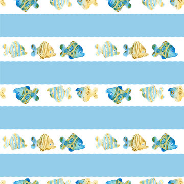 Watercolor seamless pattern. Hand painted illustration For bathroom, swimming pool