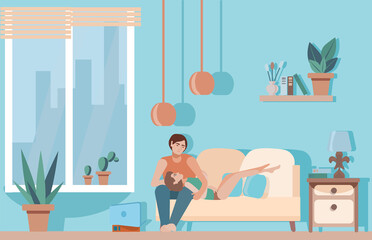 Cozy living room. A young couple gently embraces on the sofa . the concept of a happy family life. Lovely interior with the characters. Vector illustration in a flat style.