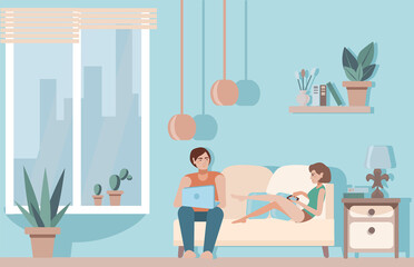 Cozy living room. A young couple is sitting on the couch. A man works at a laptop, a girl writes messages in a smartphone. Beautiful interior with characters. Vector illustration in a flat style.