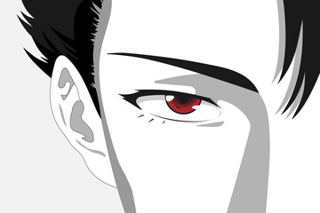 Anime face with red eyes. Web banner for anime, manga, cartoon. Vector illustration - 416013909