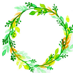 A beautiful wreath of leaves and flowers. Materials: liner and watercolor. Colors: Pink, green and blue.