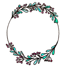 Fototapeta na wymiar A beautiful wreath of leaves and flowers. Materials: liner and watercolor. Colors: Pink, green and blue.