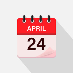 April 24, Calendar icon with shadow. Day, month. Flat vector illustration.