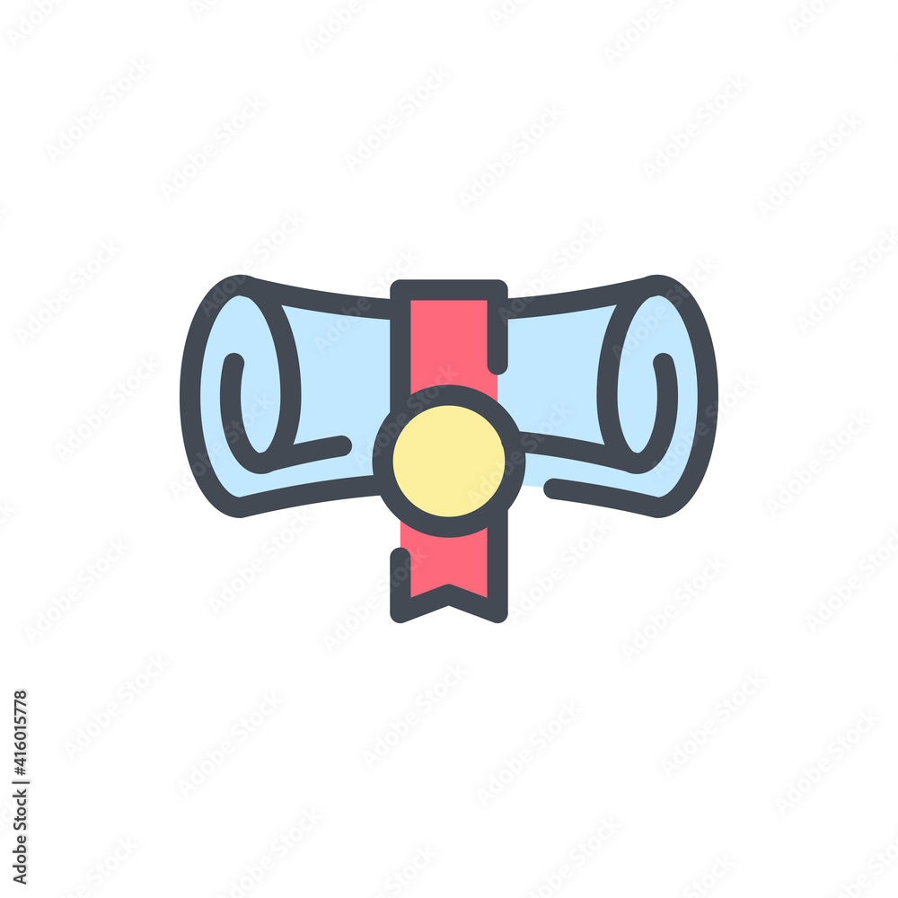 Poster diploma scroll color line icon. certificate and license vector outline colorful sign.