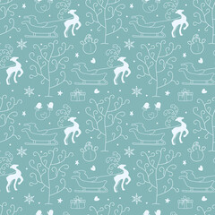 Christmas seamless hand-drawn winter pattern made of doodle Christmas elements. Trees, deer, Santa on a sleigh, snowman, snowflakes, stars, mittens.