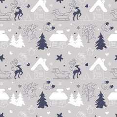 Christmas seamless hand-drawn winter pattern made of doodle Christmas elements. Houses, Christmas trees, trees, deer, Santa, snowman, snowflakes, stars, mittens.