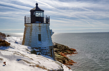 Castle Hill Lighthouse in Newport Rhode Island at winter, USA