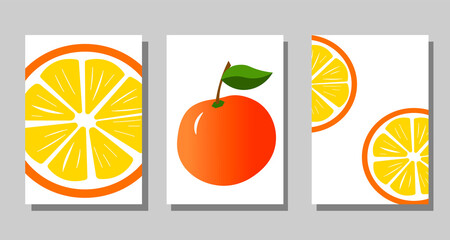 Set of posters with oranges. Bright fruits on a white background. Vector illustration. For home interior decoration and decor in restaurants, cafes, menus.
