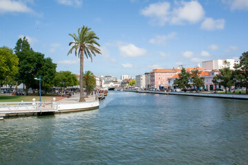 View of the Aveiro water channel, in Portugal. City landscape with channel and trees.