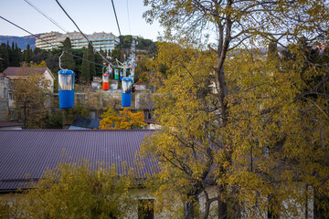 Yalta, Crimea, November 26, 2020, cable car with city, sea and embankment views